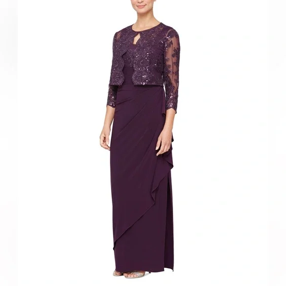 Alex Evenings Women's Long Empire Waist Embroidered Jacket Dress, 16